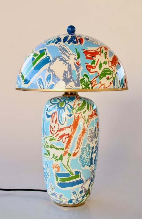 BLUE BUNNY LAMP WITH METAL SHADE  48X32CM